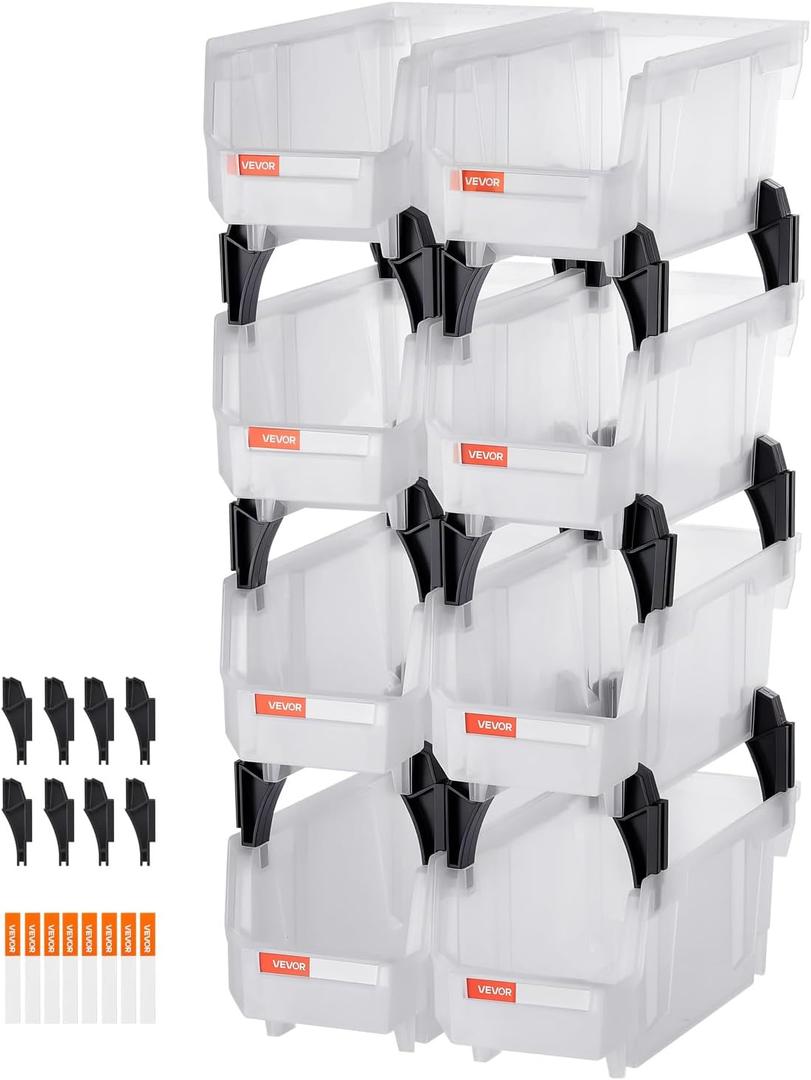 VEVOR Plastic Stackable Storage Bins, 10.9 x 5.5 x 5.1 inch (8 Pack), Plastic Containers for Organizing & Storage Bins for Closet, Garage, Small Parts, Office Supplies, Other Accessories, Transparent (Clear)