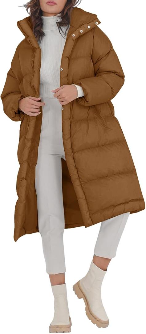 Fazortev Women's Long Puffer Jacket Stand Collar Zip Baggy Down Coats with Side Pockets Outwear (Large, Brown)