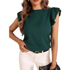 Women's Ruffle Cap Sleeve Blouse Elegant Mock Neck Business Casual Shirts (Green, M)