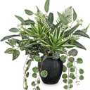 Artificial Greenery Arrangement with Cement Vase, Fake Potted Plants in Rustic Jug Planter, Faux Leaf Bouquet for Table Centerpiece, Farmhouse Home Decor, Dining Room, Living Room, Shelf Decoration