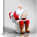 Christmas Canvas Wall Art Funny Santa Claus Sitting on Toilet,Oil Painting Prints Artworks Picture Stretched and Framed, Watercolor Red Clothe Xmas Wall Decor for Living Room/Bedroom/Kitchen/Bathroom