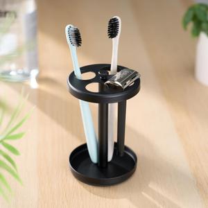Black Stainless Toothbrush Holder Stand: Rustproof Bathroom Countertop Organizer, 4 Ventilated Slots Hold Manual Toothbrushes, Razor