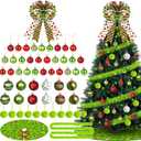 56 Pcs Christmas Tree Ornaments Set Include Red Lime Green Peppermint Candy Ball Ornaments Christmas Tree Bow Topper Faux Fur Ribbon Ball Tree Skirt Led Lights for Xmas Holiday Decor
