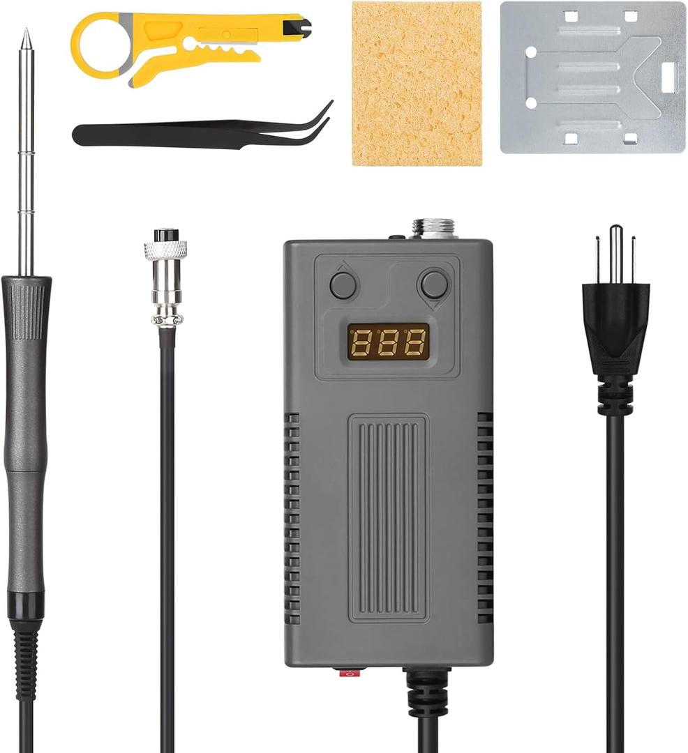 50W Welding Soldering Iron with Thermostatic Digital-Controlled ESD soldering station,50 W Temperature Adjustable 180-450/356-842 with 1 Portable Stand, 1 Tweezers, 1 Wire Stripper& 1 Sponge