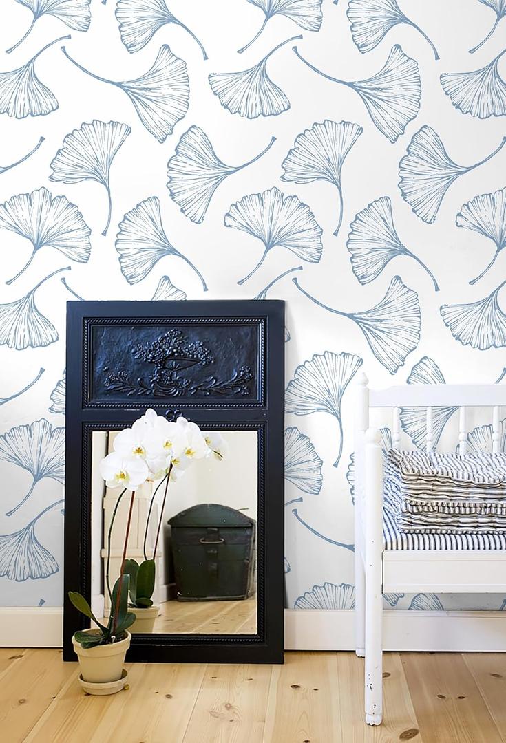 CiCiwind White and Blue Peel and Stick Wallpaper Ginkgo Leaves Modern Blue Contact Paper Self Adhesive Removable Wall Paper for Bathroom Bedroom Walls Decor 197"17.3"