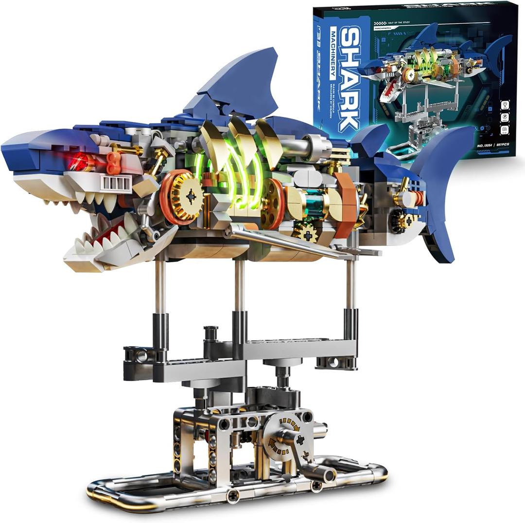 Mechanical Shark Animal Building Block Set for Boys Age 8-12, Compatible with Lego Shark, Movable Sea Animal with Display Stand for Home/Office Decor, Christmas Birthday Toy Gifts for Adults