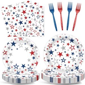 96PCS 4th of July Paper Plates and Napkins Patriotic Party Supplies Set Red Blue Silver Stars Disposable Tableware USA Themed Dinnerware for Independence Days Veterans Day Table Decorations