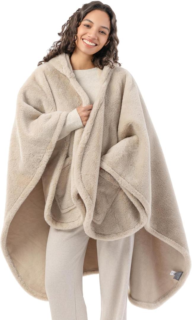 Berkshire Faux Fur Wearable Blanket, Cozy Reversible Loftmink Fleece Shawl with Hood & Side Pockets, One Size (58 in x 64 in)
