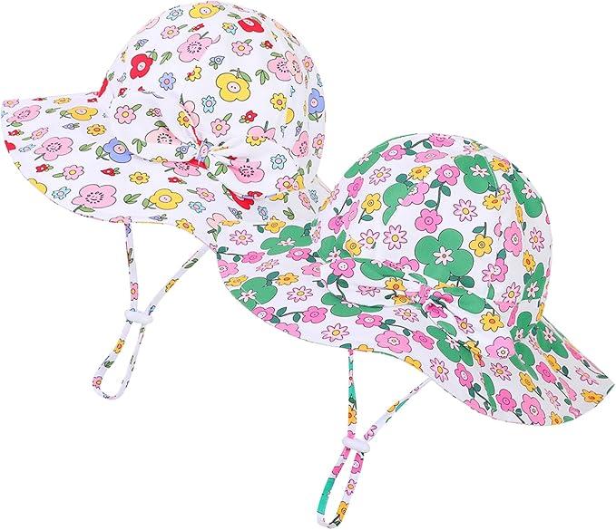 Baby Girl Sun Hat Toddler Beach Hats with UPF 50+ Protective Infant Summer Hat with Wide Brim Baby Girls Bucket Hat (US, Age, 0 Months, 6 Months, Pink Flower  2pcs)