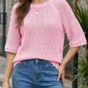 Saodimallsu Womens Short Sleeve Sweaters Crochet Knit Casual Crew Neck Lightweight Summer Trendy Sweater Tops (Pink, S)