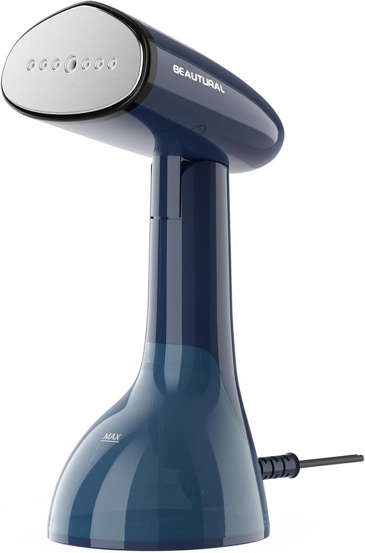 BEAUTURAL Steamer for Clothes, Portable Handheld Garment Fabric Wrinkles Remover, Aluminun Heating Plate, 35-Second Fast Heat-up, Large Detachable Water Tank (Only for 120V), Dark Blue