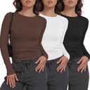MLYENX 3 Pack Womens Long Sleeve Shirts Crew Neck Basic Stretchy Fitted Y2K Tops Going Out Fashion Clothes (Medium, 3b:black,white,coffee)