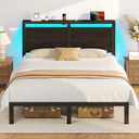 Rolanstar Queen Bed Frame with Headboard, Bed Frame Queen with LED Lights, Camas Queen Size Bed with Charging Station, Solid Metal Slats, Noise Free, No Box Spring Needed, Black Oak