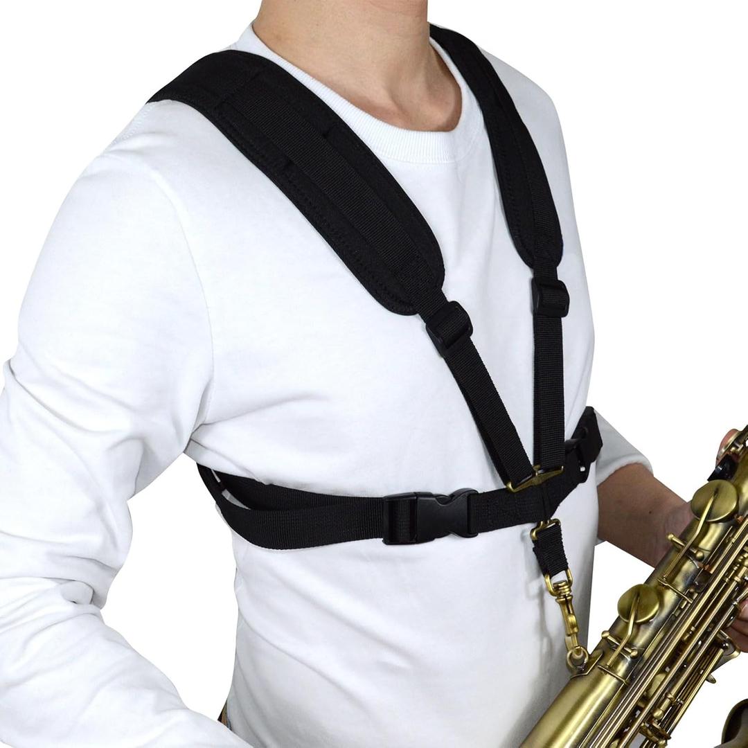adorence Saxophone Harness Strap, Padded Shoulder & Chest Sax Strap for Baritone, Tenor, and Alto Saxophones, Ideal for Regular Beginners, Medium (Metal Back Clips)