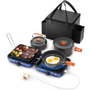 Hisencn Camping Stove,2 Burner Propane Stove,20000 BTU/h Camping Cooking set Includes Frying Pan,Kettle and Pot,Adjustable Burners & Piezo Ignition,Portable stove for camping Outdoor,Blue (Navy)