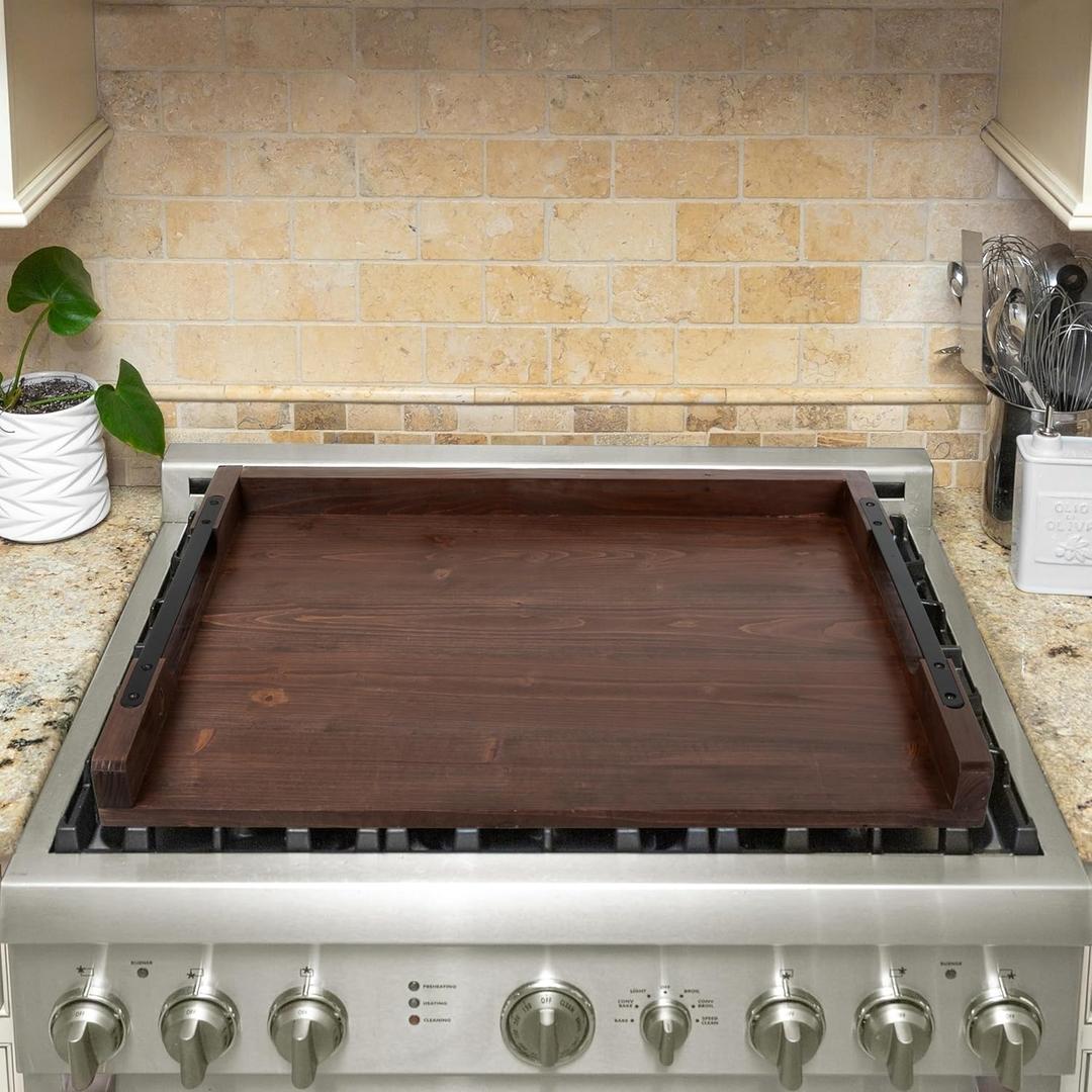 Ilyapa Noodle Board Wood Top Cover for Gas Stove, Electric Stove Burner Covers, Farmhouse Serving Tray, Steel Handles, 22x30 Inches, Farmhouse Noodle or Charcuterie Board, Brown (Brown With Inlaid Handles)