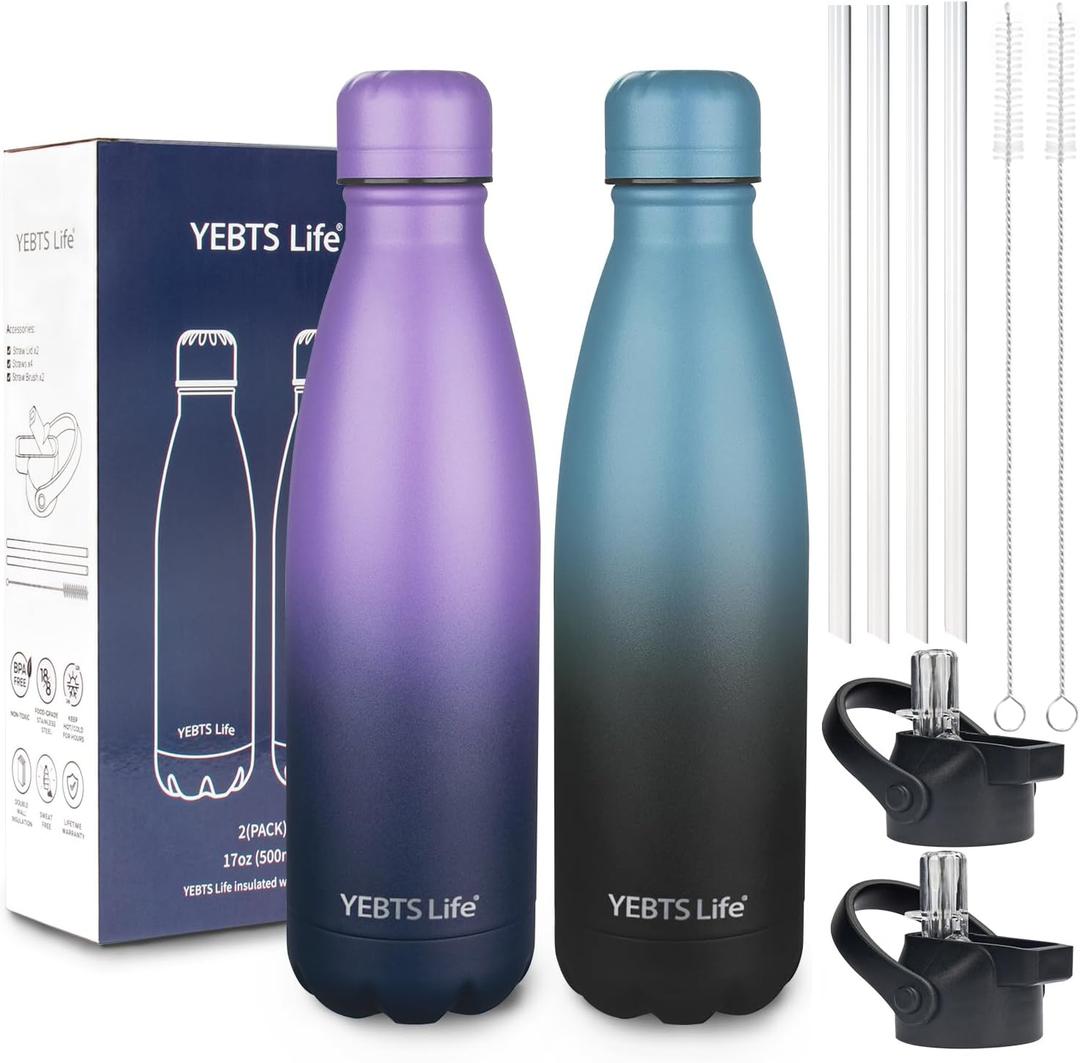 Insulated Water Bottle, 2 Pack-17oz Stainless Steel Water Bottles with straw lid, Metal Sports Water Bottles for Boys,Girls, Double Wall Vacuum BPA-Free Flask for School, Sports(Purple-SeaIndigo (Purple Navy Blue-SeaIndigo Black)