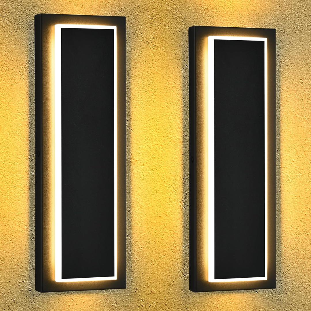 Pack of 2 15.6" Outdoor Wall Lights Modern Black LED Wall Sconce, Waterproof Outdoor Porch Lights Wall Mount Exterior Light Fixture for House Entrance Hallway, 3000K Warm White, Hardwired (with acrylic edge)