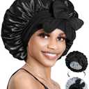 2 x BONNET QUEEN Silk Bonnet for Sleeping Satin Bonnet with Tie Hair Wrap Double Layer Sleep Cap for Women Curly Hair, Black Silver (Medium)