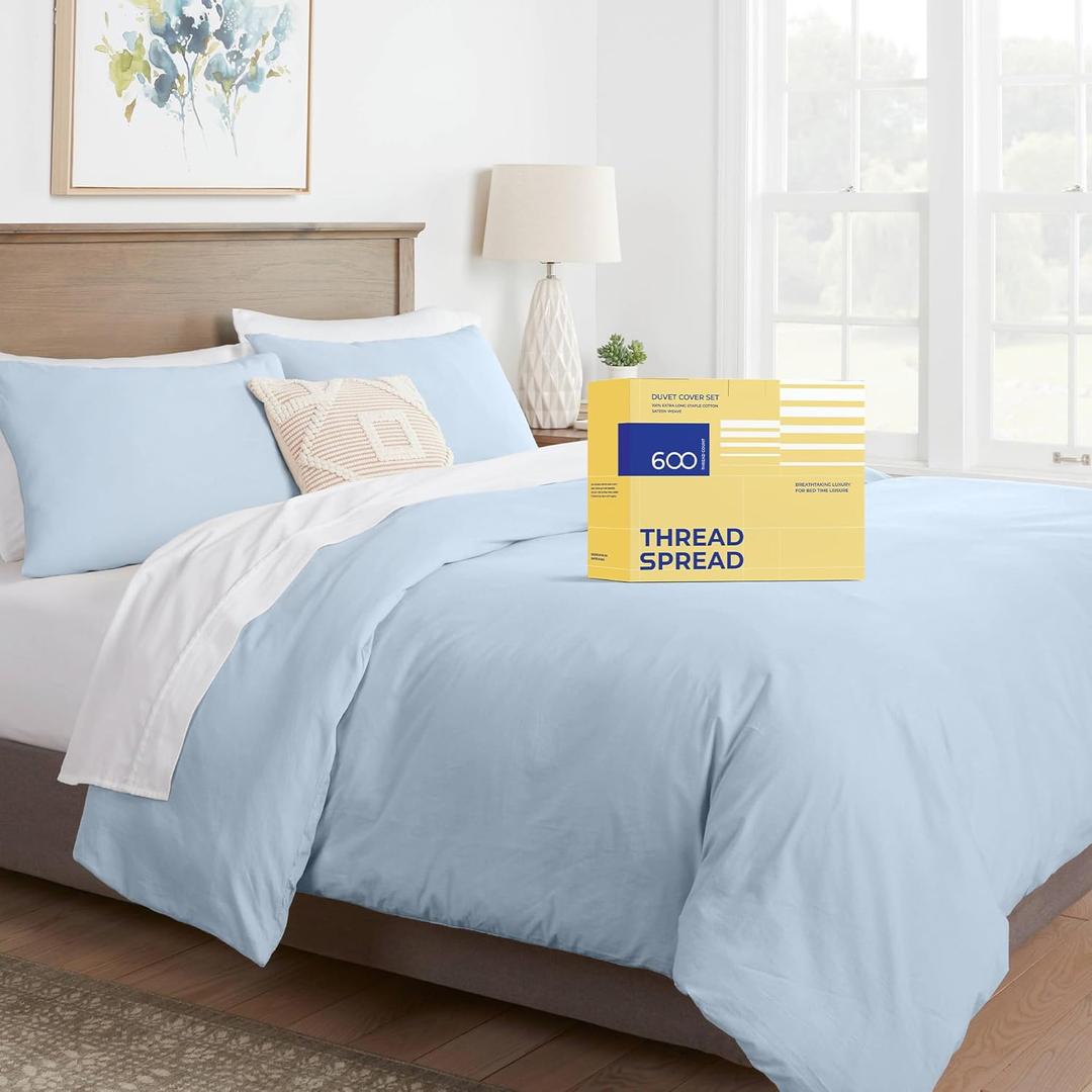 THREAD SPREAD - Oversized King Duvet Cover, 600 Thread Count Sateen 3Pc Egyptian Cotton Duvet Cover Set, 100% Pure Cotton Comforter Cover, 2 Pillow Shams, Zipper Closure, 7 Corner Ties, Light Blue