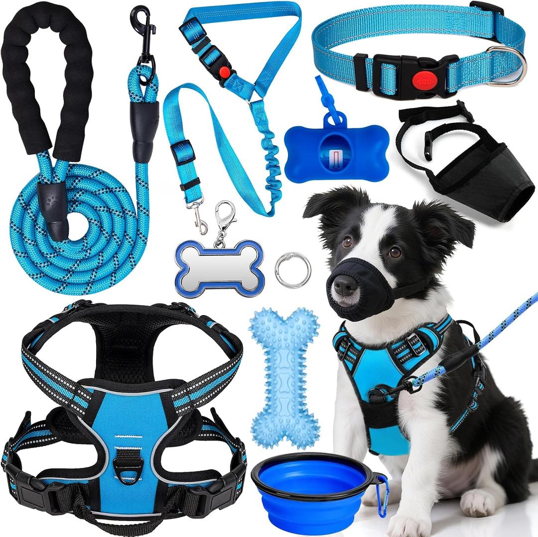 No Pull Dog Harness Adjustable Collar & Leash Set - Dog Halter Harnesses Collapsible Bowls & Poop Bag Dispenser Muzzle ID Tags Toys Fits Dogs (Blue-M)