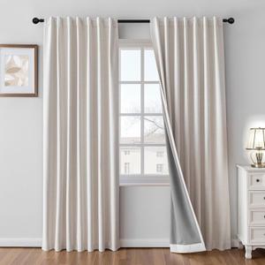 100% Blackout Curtains 90 inch Length 2 Panels Faux Linen Long Drapes for Bedroom Living Room Black Out Room Darkening Curtain Thermal Insulated Back Tab Rod Pocket(W52 x L90, Natural)