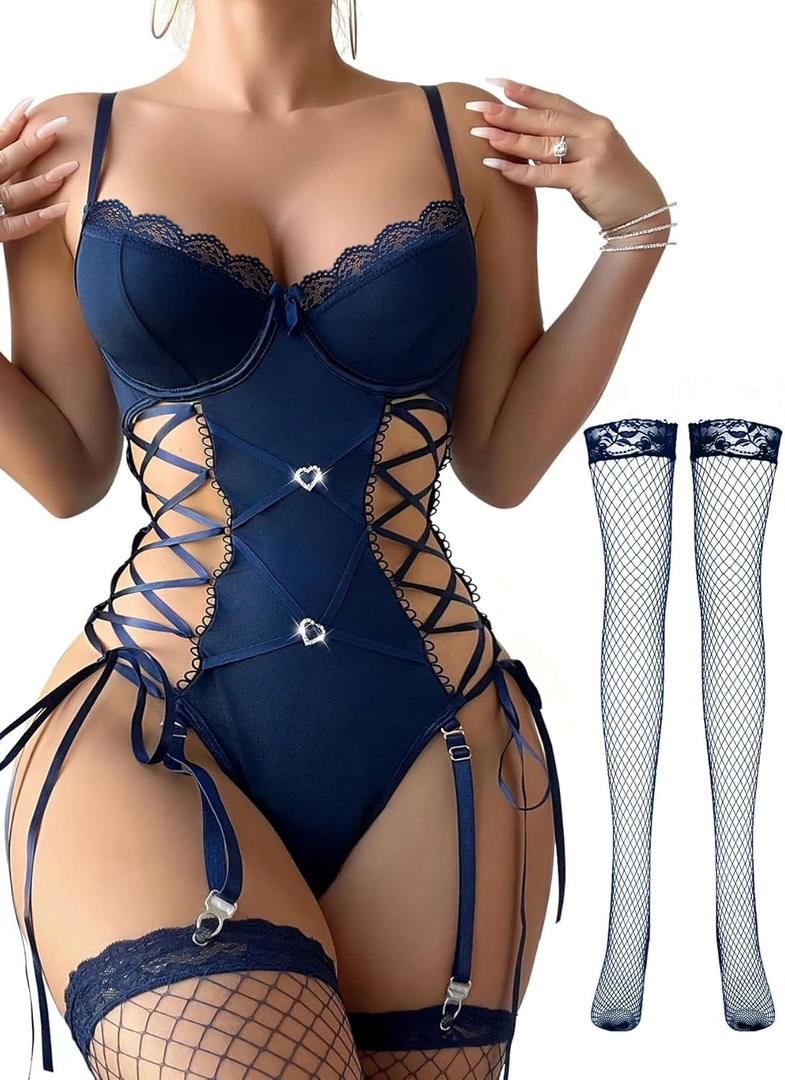 Lilosy Sexy Floral Lace Up Belt Garter Underwire Teddy Bodysuit Lingerie Set (Large, Heart Navy Blue)