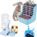 HERCOCCI PET Feeder and Water Bottle Set, Large Blue (500ml), Durable Hay Food Bin Feeder, Food Bowl, Gravity-Fed Water Dispenser for Rabbit, Guinea Pig, Chinchilla