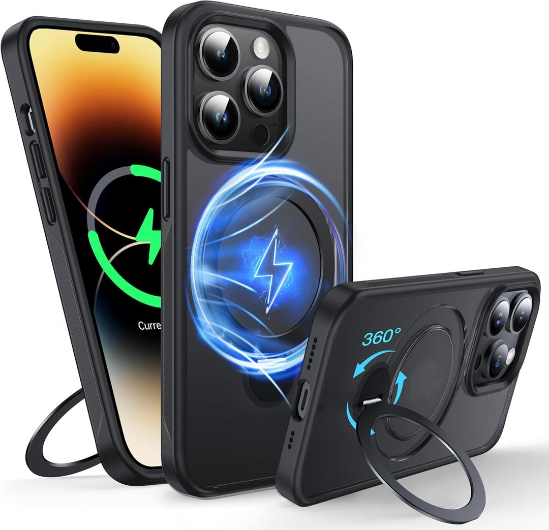 360°Rotatable Magnetic Ring for iPhone 14 Pro Max Case Compatible with MagSafe [Non-slip Texture Edge][Built-in Kickstand][Military Shockproof]Translucent Matte Soft Silicone Bumper Slim,Black