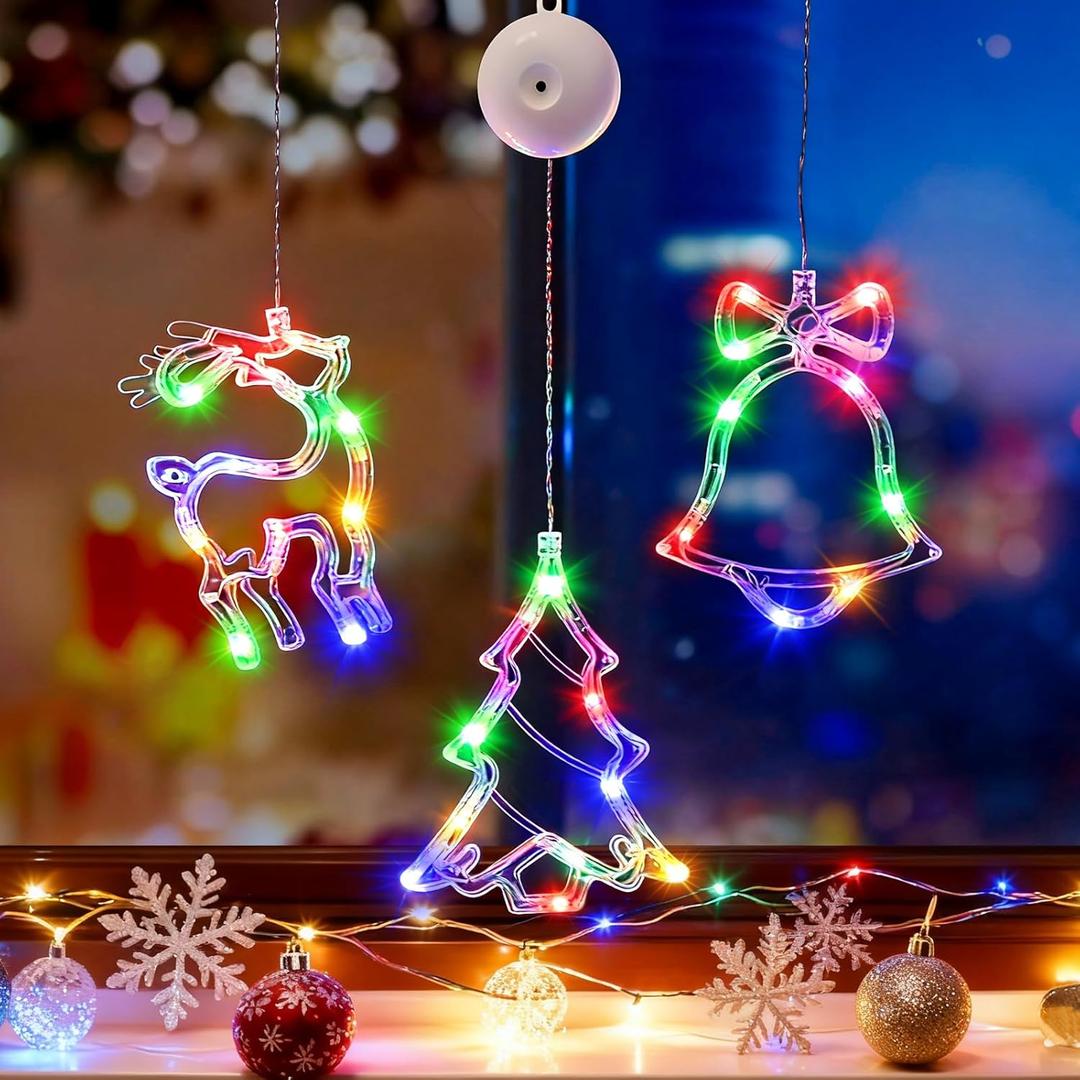 Christmas Window Lights Decorations - 3Pcs Christmas Lights Indoor w/Timer Window Decor Bell Tree Reindeer Battery Powered Hanging Multicolor Xmas Lights Suction Cups Hooks for Tree Fireplace