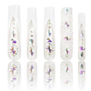LOVFUL Press on Nails Candy Diamonds & White French Tip | Luxury Spring French Tip Glossy Press On Nails with Bling | Square Long 2.2 in | H36(M)