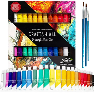 Crafts 4 All Acrylic Paint Set - Art Paints for Canvas, Model Painting, Wood, Ceramics and Fabric - Craft Supplies with 3 Artist Brushes for Adults & Kids﻿, 24 Packx12ml