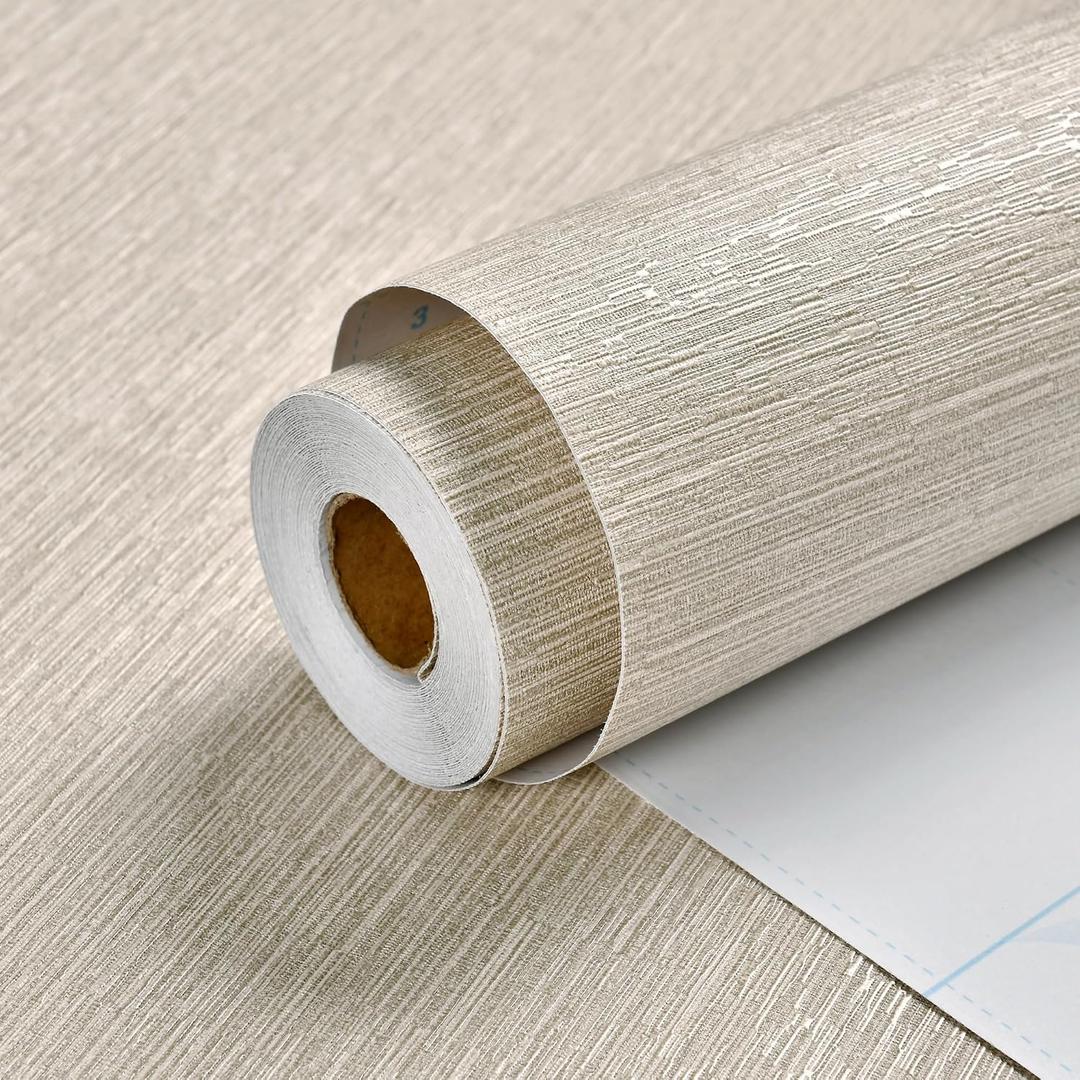 Haimin Grasscloth Wallpaper Peel and Stick 20.9in X 393in Fabric Contact Paper Wall Paper Textured Wallpaper Horizontal Stripes Look Self-Adhesive Thick Vinyl Embossed (Beige)