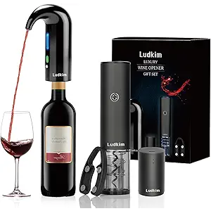 Rechageable Electric Wine Opener Gift Set, Auto Wine Aerator Dispenser, Wine Corkscrew Kit, Automatic Wine Saver Vaccum Pump, Foil Cutter, 4-in-1 Cordless rechargeable Bottle Opener Gift Box