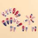 4th of July Press on Nails Medium Almond Patriotic Fake Nails Press ons with American Flag, Star & Red White Blue Stripes Designs, Independence Day Glue on Nails for Women 24 Pcs