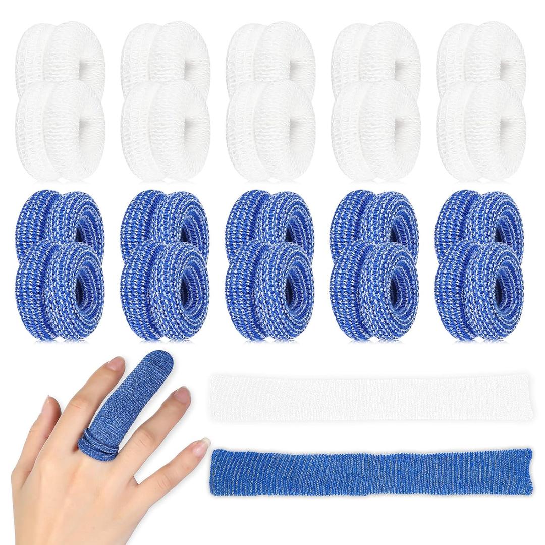 Nuanchu 20 Pcs Finger Bandage Finger Cots Protectors Tubular Breathable Bandage for Wound Care Cotton Fingertips Covers Disposable Cots for Thumb Sprains Gardening Fitness (White,Blue,23.6 Inch) (1 Count (Pack of 20))