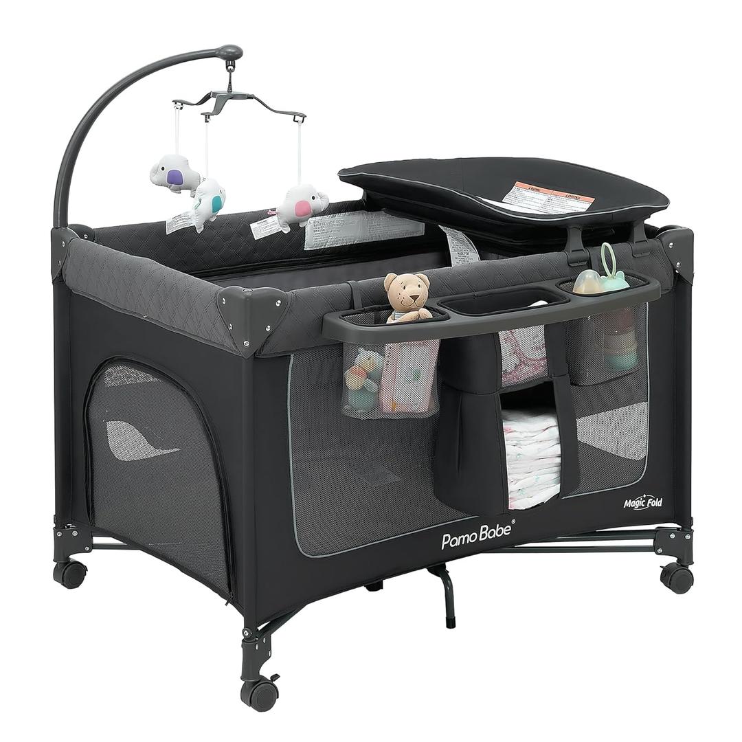 Pamo Babe 1-Second Setup 3-in-1 Playard for Babies - Heavy-Duty Steel Frame for Safe Sleep Space, Portable Crib with Zip Door & Changing Table, Locking Wheels, Breathable Mesh (Dark Grey)
