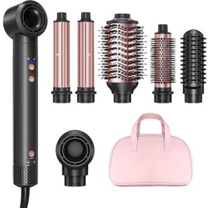 6-in-1 Hot Air Styler Wrap, High-Speed Hair Dryer Brush Blow Dryer with 2 Auto Wrap Curlers for Curling, Straightening, Volumizing, Fast Drying & Frizz-Free Styling for All Hair Types (Rose Gold)
