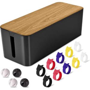Cable Management Box Large - Wooden Grain Cable Organizer Box to Hide Wires&  Power Strips, TV & Desk Computer Wires, with Cable Clips & Reusable Cable Ties for Home & Office (Black)