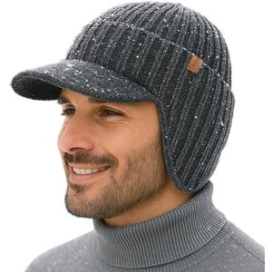 TOP-EX DryKnit Waterproof Merino Wool Beanie Hat with Brim Ear Flaps Fleece Lined Ski Cap for Cold Weather & Large Heads (Gray)