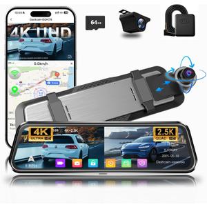 Mirror Dash Cam 4K Front and 2.5K Rear, IMX415 Rearview Mirror Camera for Cars, 5.8GHz WiFi, WDR, G-Sensor, Night Vision, Reverse Assist, Included 64GB Card