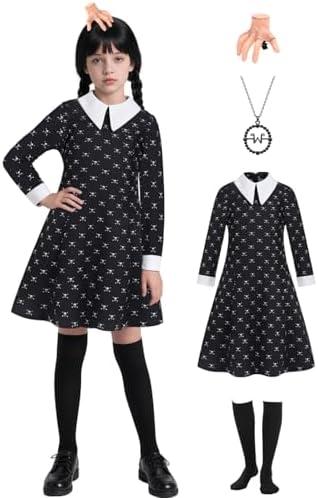 Oumbivil Girls Halloween Costumes Kids Black Dress with Socks Necklace Hairpin for Birthday Outfits, Size 140 ( 9-10 Years) 