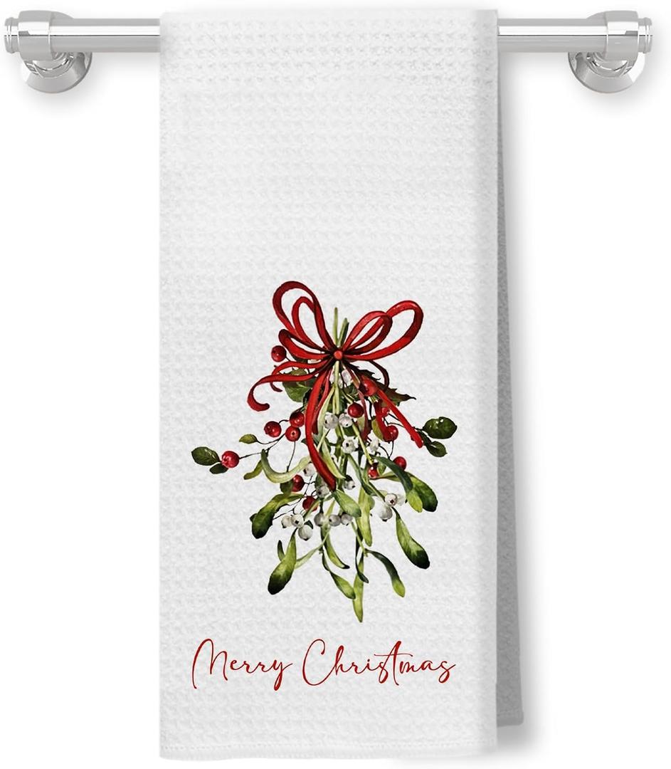 Red Holly Berries Christmas Kitchen Towels Decorative, Red and Green Merry Christmas Hand Tea Towels for Bathroom, Farmhouse Winter Xmas Dish Towel Drying Cloth, 16x24 Inch