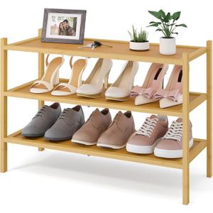 Smiry Bamboo Shoe Rack, 3 Tier Shoe Organizer for Entryway & Closet, Stackable Free Standing Storage Shelf for Shoes, Bags & Plants, Natural