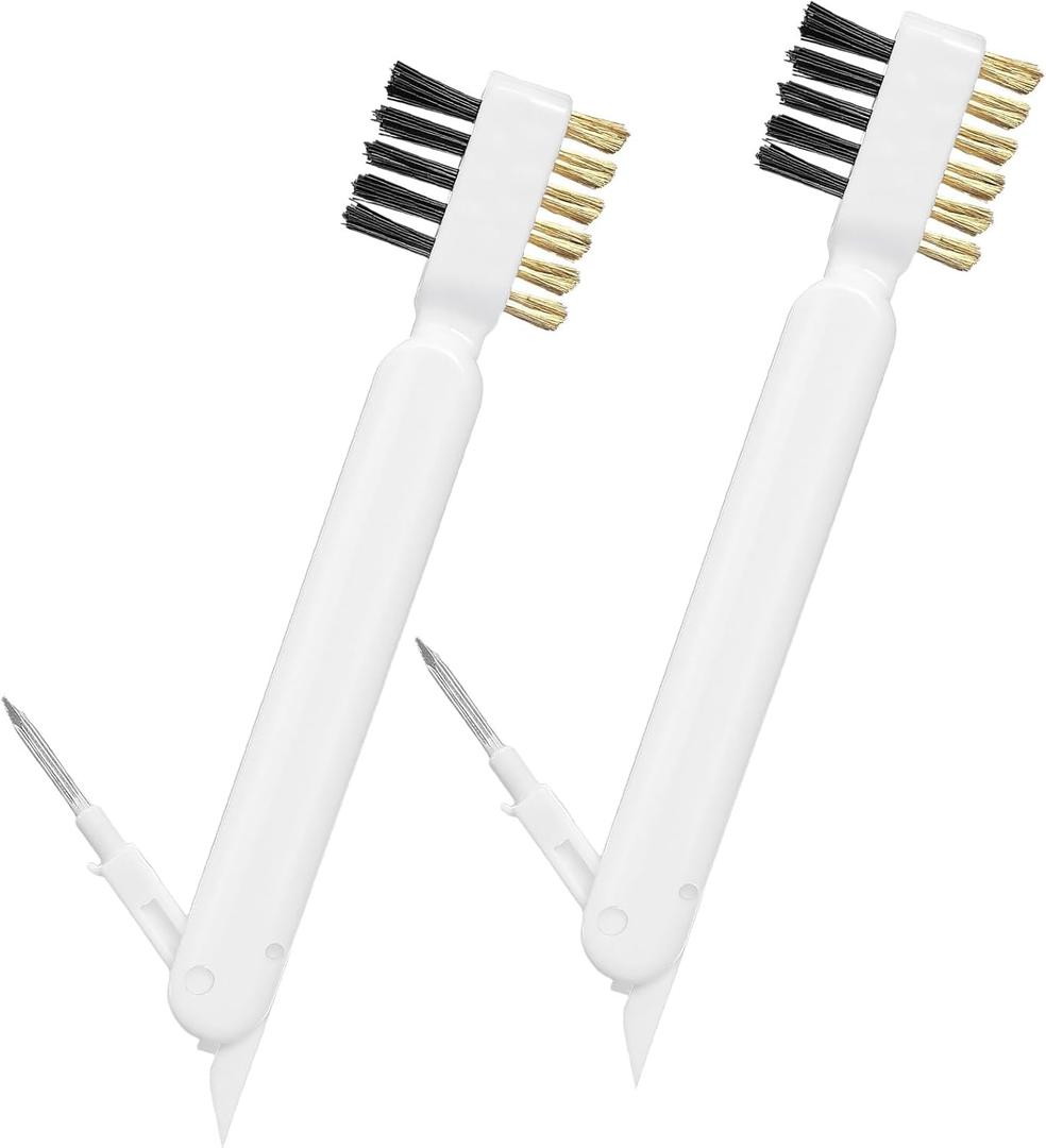 2Pcs Kitchen Cleaning Scrub Brush, 4 in 1 Deep Gas Stove Brass Wire Brush with Stiff Bristles and Cooktop Scraper Stainless Steel Scrubber for Range Hood Grease Grime Rust Cleaner Pot Pan