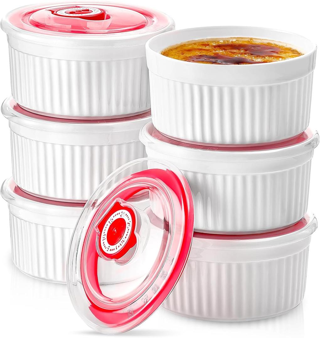 Mfacoy Ramekins with Lids Set of 6, 8 oz Porcelain Creme Brulee Souffle Ramekins with Covers, White Pudding Custard Cups Ramiken for Baking, Small Bowls for Sauces Dessert, Dishwasher and Oven Safe