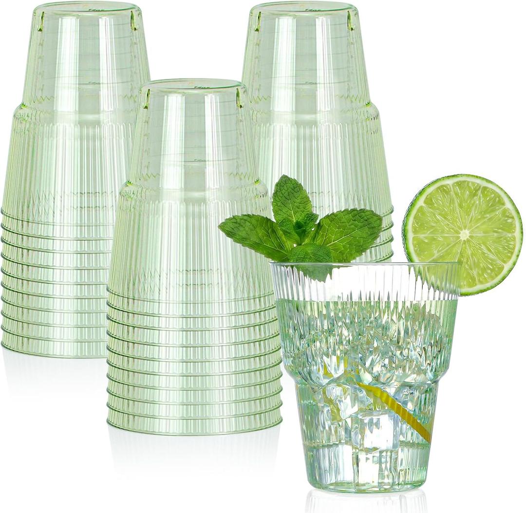 XUWAIDSGN 50 Pack Green Plastic Ribbed Wine Glasses 14 oz Disposable Cocktail Martini Juice Coffee Drinking Tumblers Plastic Stackable Ripple Wedding Party Cups for Charcuterie Parties and Events
