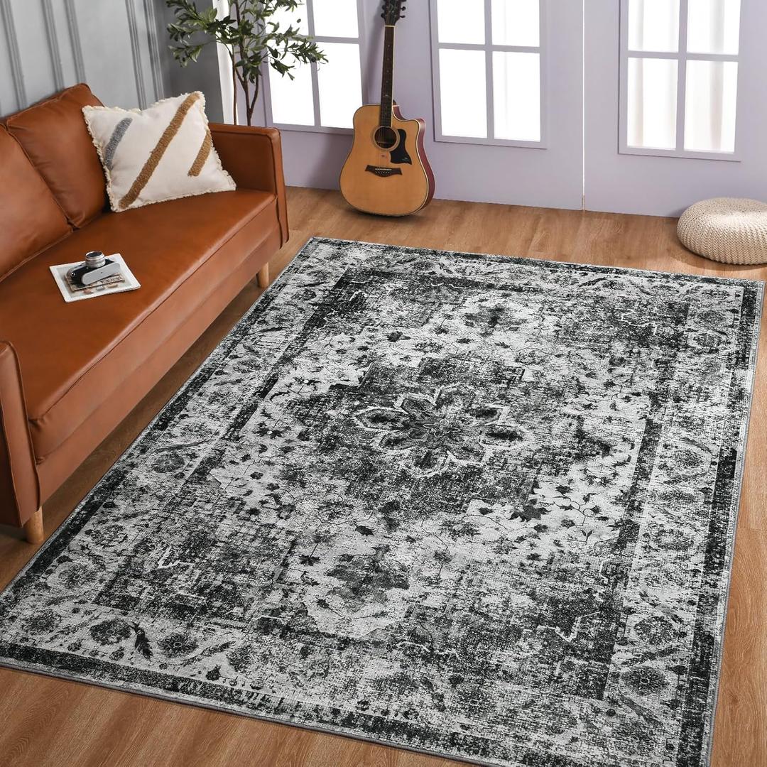 Washable Rug 8x10 Area Rug Black Vintage Floral Print Nonslip Thin Foldable Carpet for Living Room Bedroom Kitchen and Bathroom Traditional Distressed Indoor Accent Rug (Black and White)