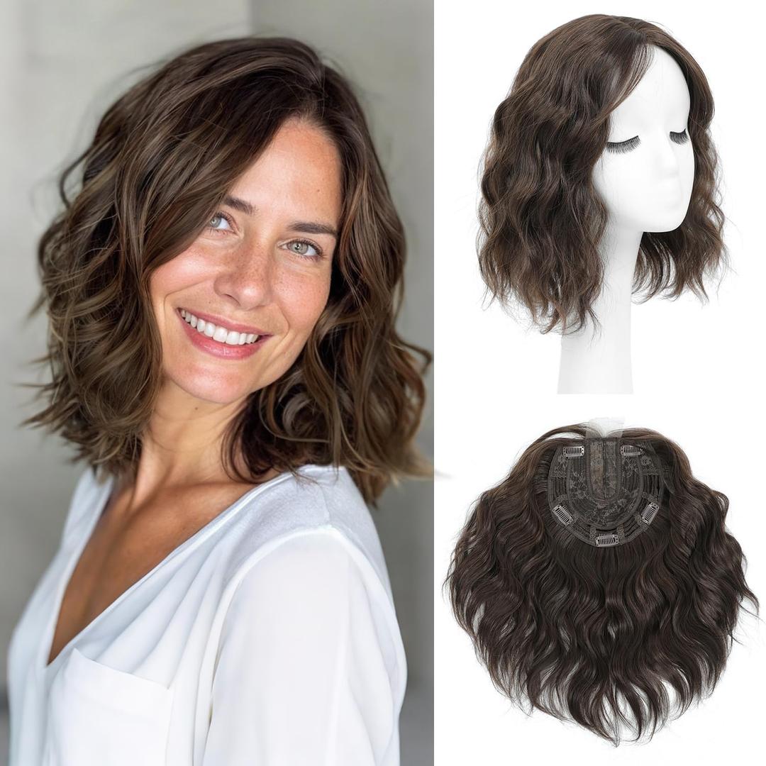 UDU Short Wavy Hair Topper for Women with Thinning Hair, 11 Inch Natural Looking Hairpiece, Volume Booster Wiglet for Coverage, Heat Resistant Synthetic Topper for Women