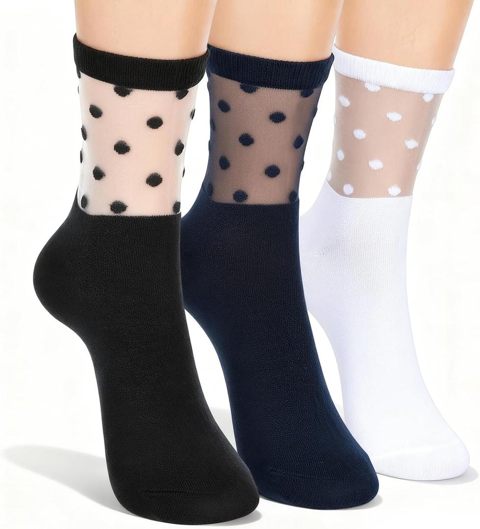 Yolev 6 Pairs Half Sheer Ankle Socks Lace Polka Dot Socks for Women Ultra Soft Ankle Stockings for Women Fashion See Through Sock